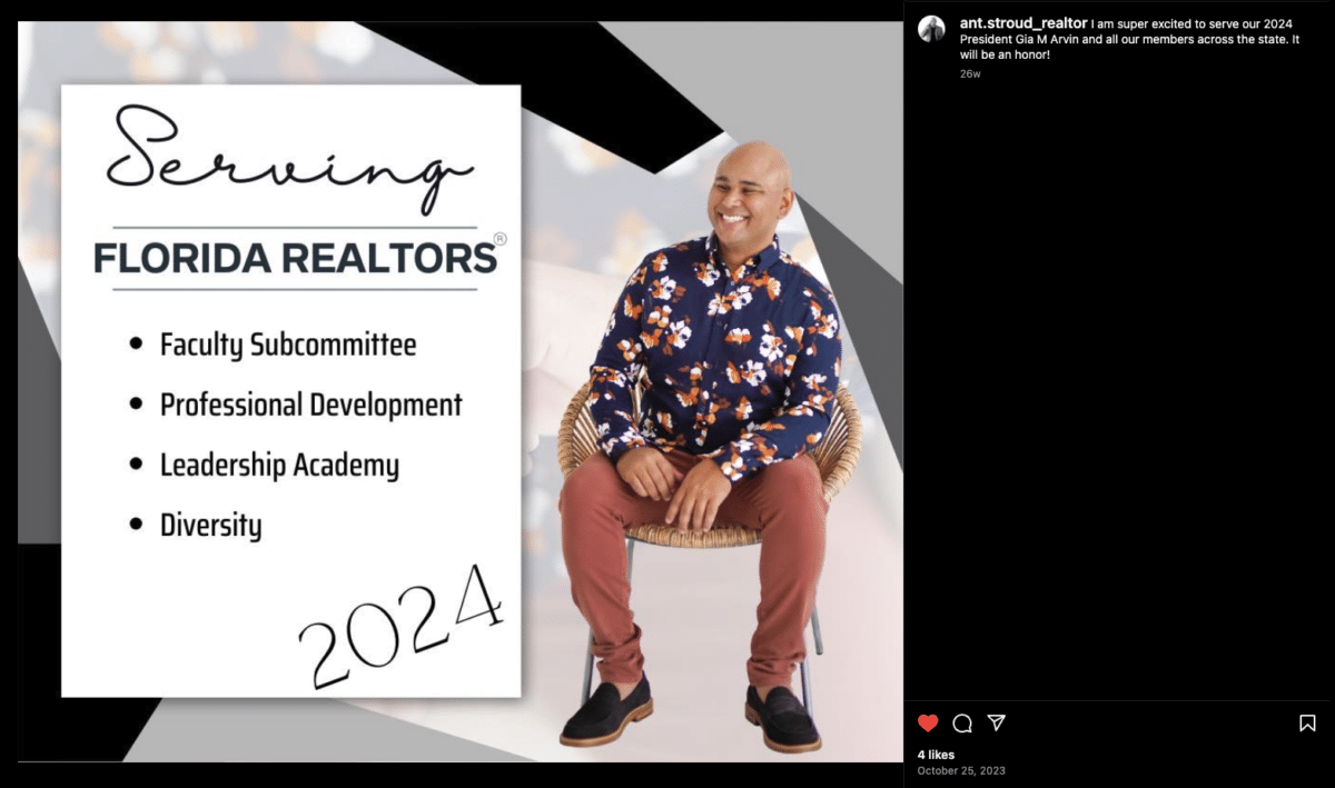Screenshot of an Instagram post featuring a smiling real estate agent sitting in a chair next to some text reading "Serving Florida Realtors *Faculty Subcommittee *Professional Development *Leadership Academy *Diversity 2024"
